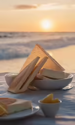 sandwiches on plates on a table near the ocean