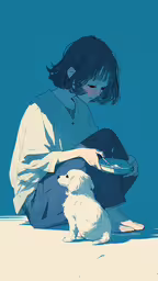 a person is sitting on the floor with a dog and it is looking down,a painting of a young girl holding a plate sitting on the ground