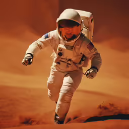 a man in a space suit is on a sand dune