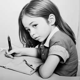 a little girl is sitting on the table writing in her journal
