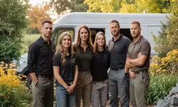 a group of people standing next to each other outside a rv