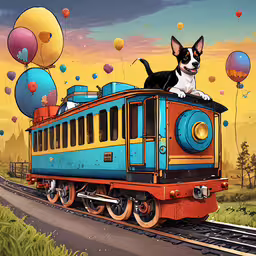 a small dog is sitting on a blue train,a painting of a dog riding on a train with balloons flying above