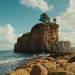 a rocky beach with large rocks and tree on top