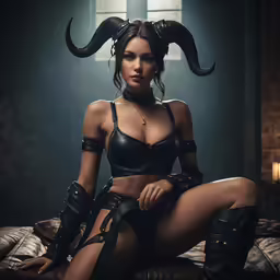 a beautiful woman sitting on top of a bed