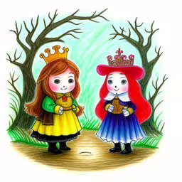 a drawing of two children wearing crowns and dress up,a drawing of two little girls dressed as princesses