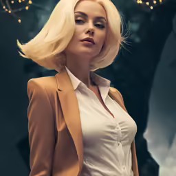 a woman with blonde hair posing in a studio