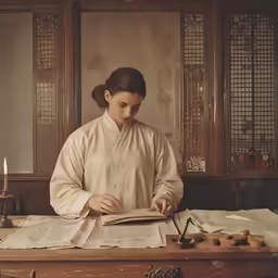 a woman in traditional chinese dress sitting at a table with a book