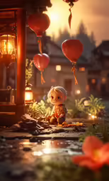 a tiny teddy bear sits in the rain by a lantern
