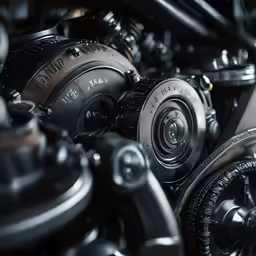 black and silver engine gear with large spokes