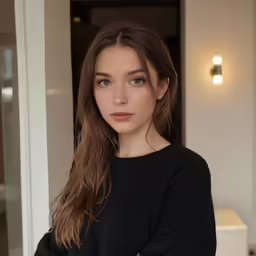 a young woman in black sweater standing next to a wall