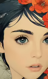 a woman with flowers in her hair wearing blue eyes