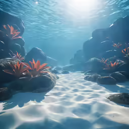 the sun shines on an underwater landscape of plants and rocks