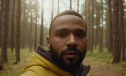 a man standing in the woods near many trees