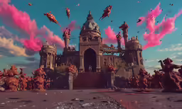 some sort of pink smoke pouring from the ground in front of a palace
