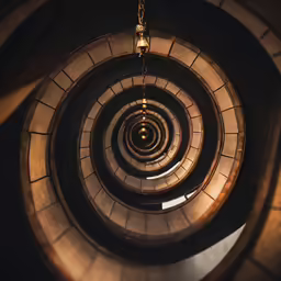 a spiral staircase is made of concrete and with gold lights