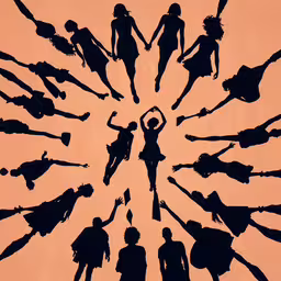 the silhouettes of women with their arms up are arranged in a circle,silhouettes of people stand in a circle surrounded by one another