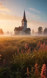 a church in the middle of a field full of wildflowers
