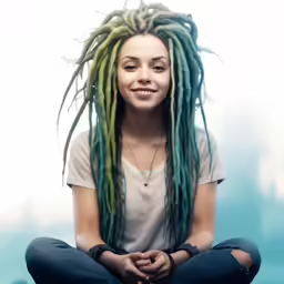 a smiling young woman with long dreadlocks sitting on her lap
