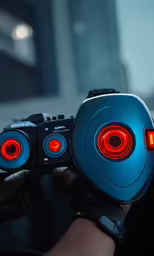 a person wearing a pair of black gloves holds a radio with a red led on it