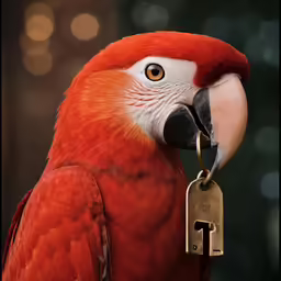 a parrot with a key in its mouth standing