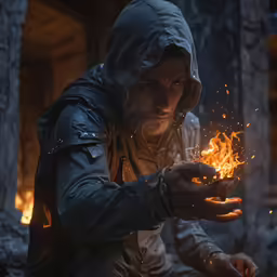a man sitting down holding a lighter
