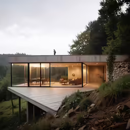 the living room and dining areas are all glass