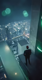 a man standing in the corner of a high - rise looking out at city lights