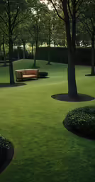 some trees bushes and a bench in a green park