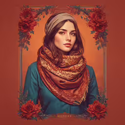 a portrait of a woman wearing a brown scarf,a painting of a woman wearing a head scarf