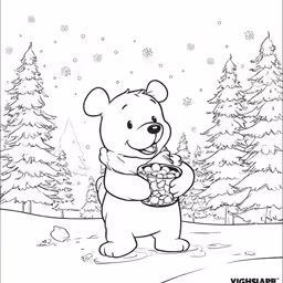 a cartoon bear carrying a bowl of food in the snow