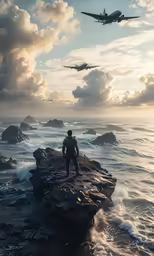 two people standing on rocks at the edge of the ocean watching an airplane fly over