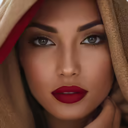a woman with red lipstick under a tan cover