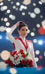 a beautiful woman is holding her flowers and an uniform