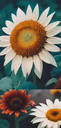 three different pictures showing a large sunflower in yellow, white, and orange
