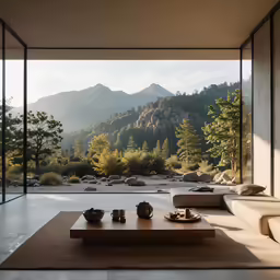 the room is empty and has a view of a rocky mountain range