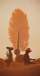 two men with hats stand in the sand near a plane