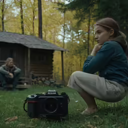 a man and woman sitting in the grass near a log cabin