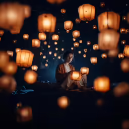 a young woman sitting on a bed among lantern light