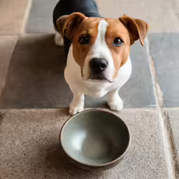small brown and white dog sitting in front of its bowl