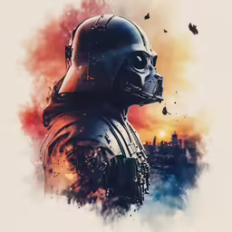 a man in darth vader outfit in front of a city