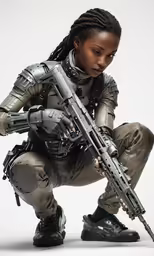 an african american woman kneeling and holding a rifle