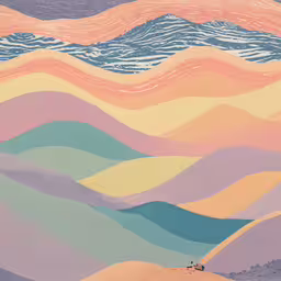 a wall painted with colorful lines and hills,a painting showing many different colored layers of water