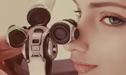the woman looks through the two speakers on the radio
