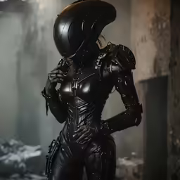 a woman in futuristic clothes is standing in an abandoned city