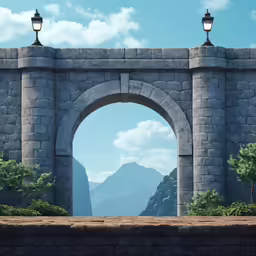 there is a stone arch with an arched window