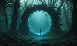 a man walking through a foggy forest