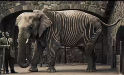 a large elephant is in an enclosure being pet by some men