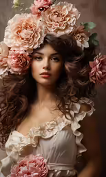 a woman with long hair and flowers on her head