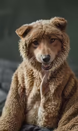 the dog is wearing a fake fur coat