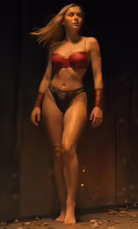 the woman is walking in her bikini posing for a photo